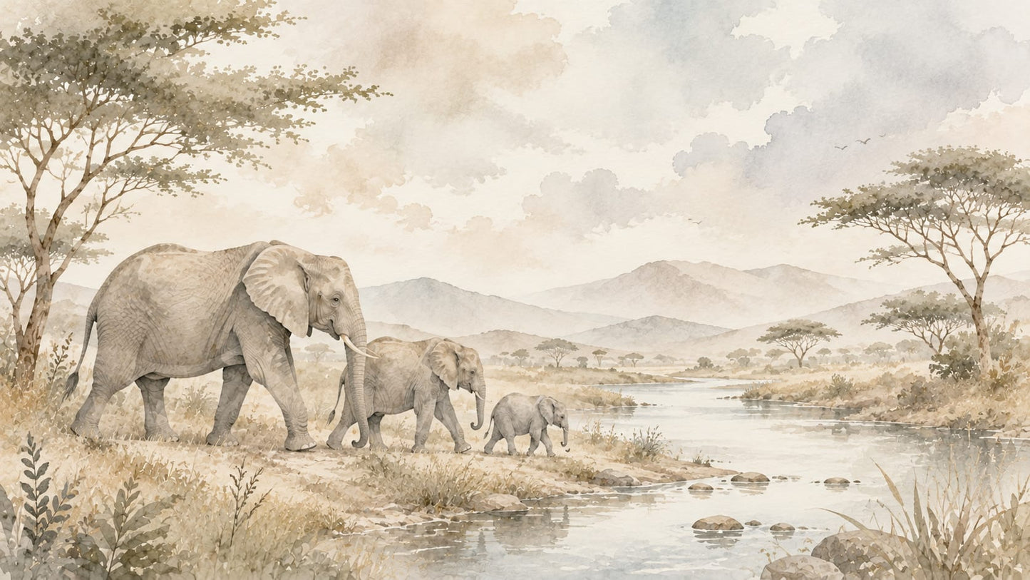 Serene Painterly Beige Elephant featuring savanna landscape and river - Wall Mural & Peel and Stick Wallpaper for Watercolor Interiors and Premium Home Styling