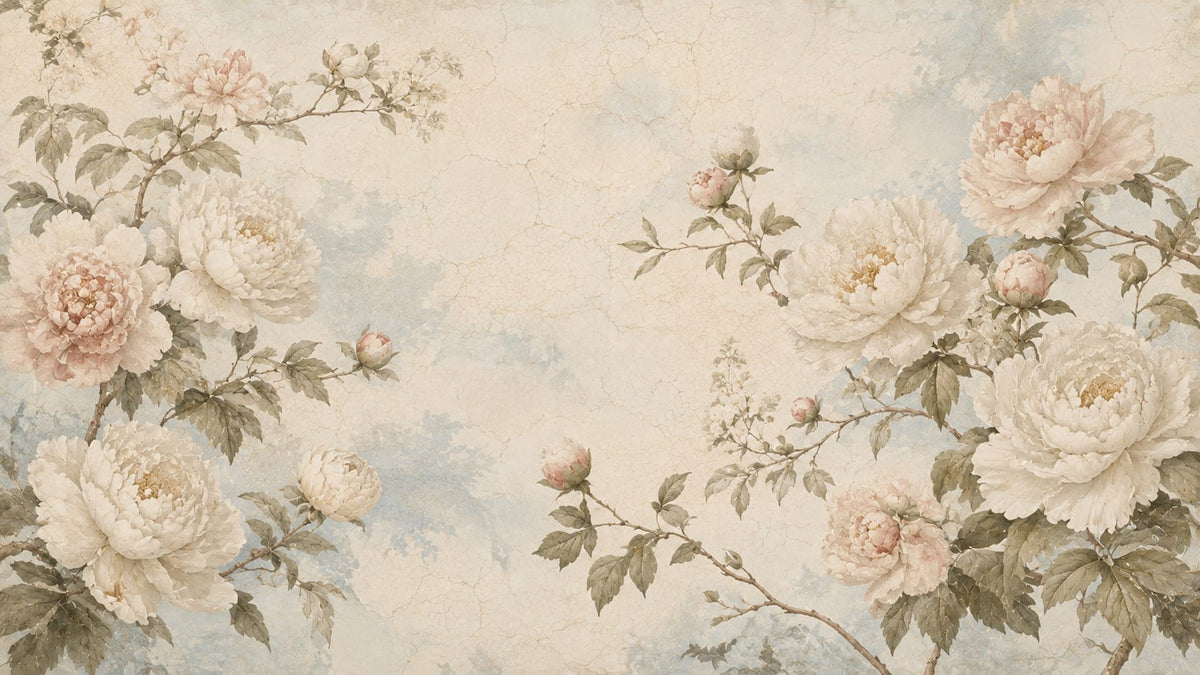 Vintage Painterly Cream Floral Blossoms featuring botanical foliage - Wall Mural & Peel and Stick Wallpaper for Painterly Interiors and Premium Home Styling