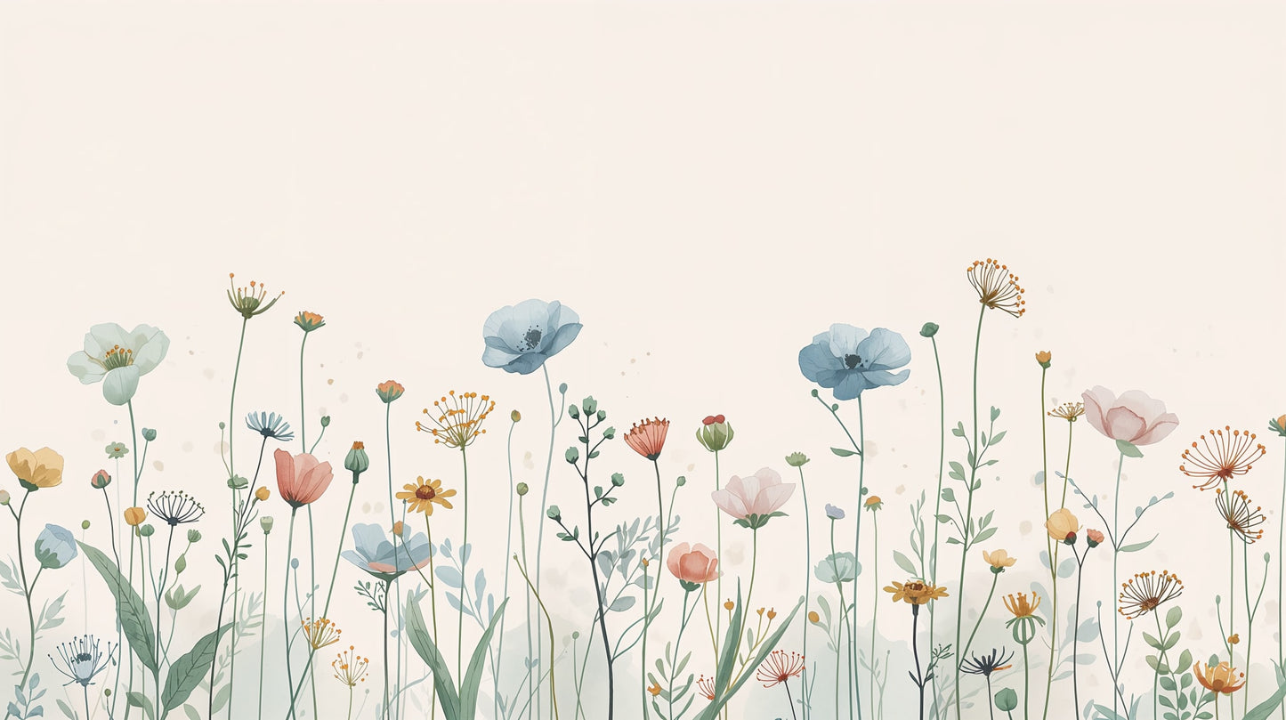 Airy delicate Cream wildflowers featuring soft florals - Wall Mural & Peel and Stick Wallpaper for Watercolor Interiors and Premium Home Styling