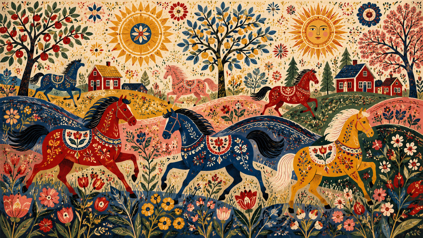 Whimsical Illustrated Cream Horse featuring garden florals and country houses - Wall Mural & Peel and Stick Wallpaper for Nursery or Kids Room