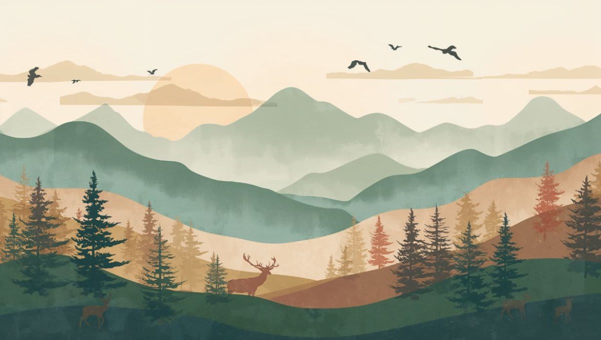 Serene minimalist Sage Green mountain landscape featuring pine forest, deer and birds - Wall Mural & Peel and Stick Wallpaper for Scandi Interiors and Premium Home Styling.