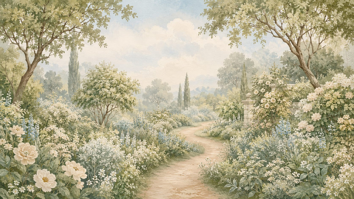 Pastoral Painterly Sage Green garden landscape featuring floral blossoms and winding path - Wall Mural & Peel and Stick Wallpaper for Painterly Interiors and Premium Home Styling