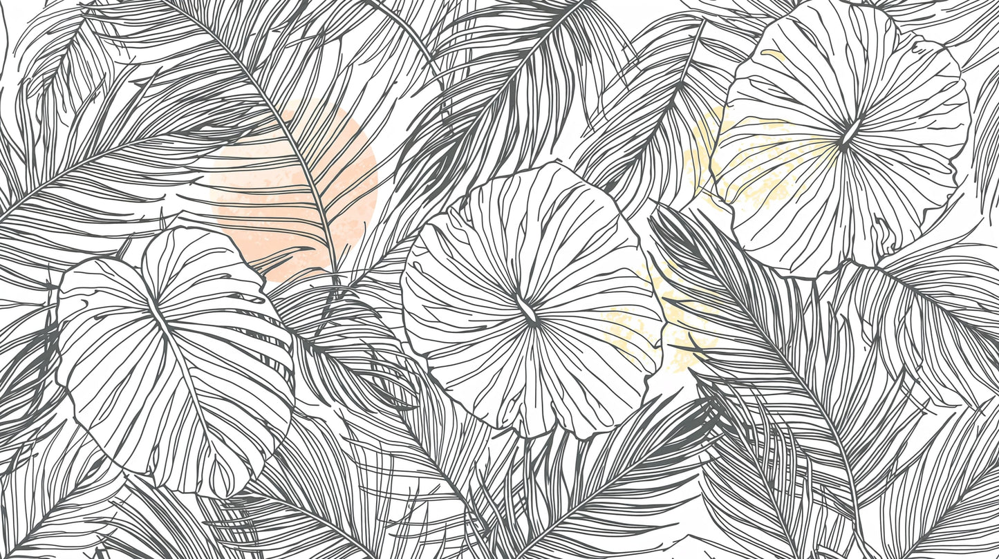 Refined Airy White tropical leaves featuring black linework and soft peach washes - Wall Mural & Peel and Stick Wallpaper for Line Art Interiors and Premium Home Styling