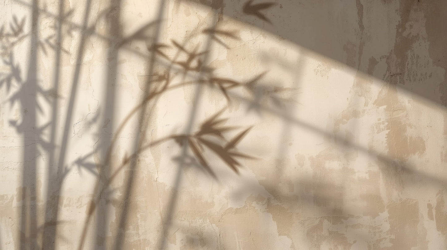 Minimalist calming Warm Beige bamboo shadows featuring plaster wall texture - Wall Mural & Peel and Stick Wallpaper for Minimalist Interiors and Premium Home Styling.