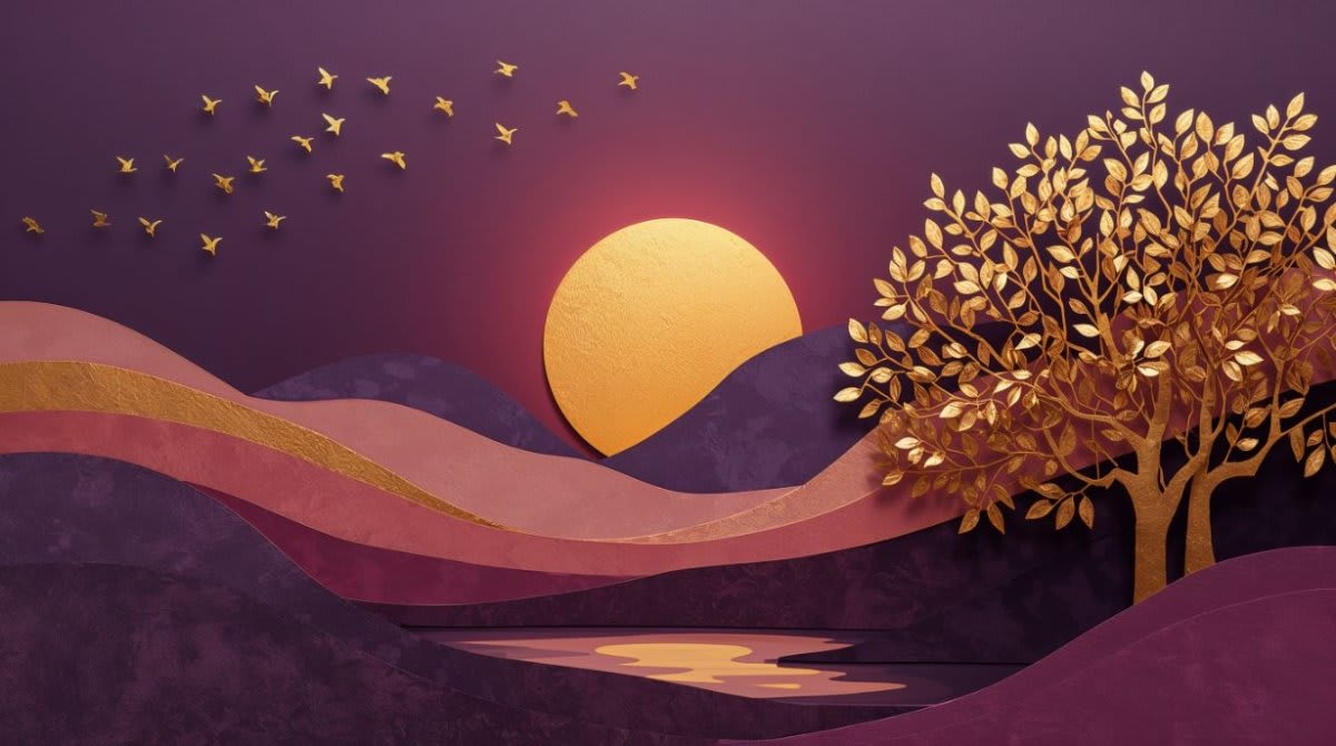 Serene minimalist Plum sunset landscape featuring a golden tree and flying birds - Wall Mural & Peel and Stick Wallpaper for Minimalist Interiors and Premium Home Styling.