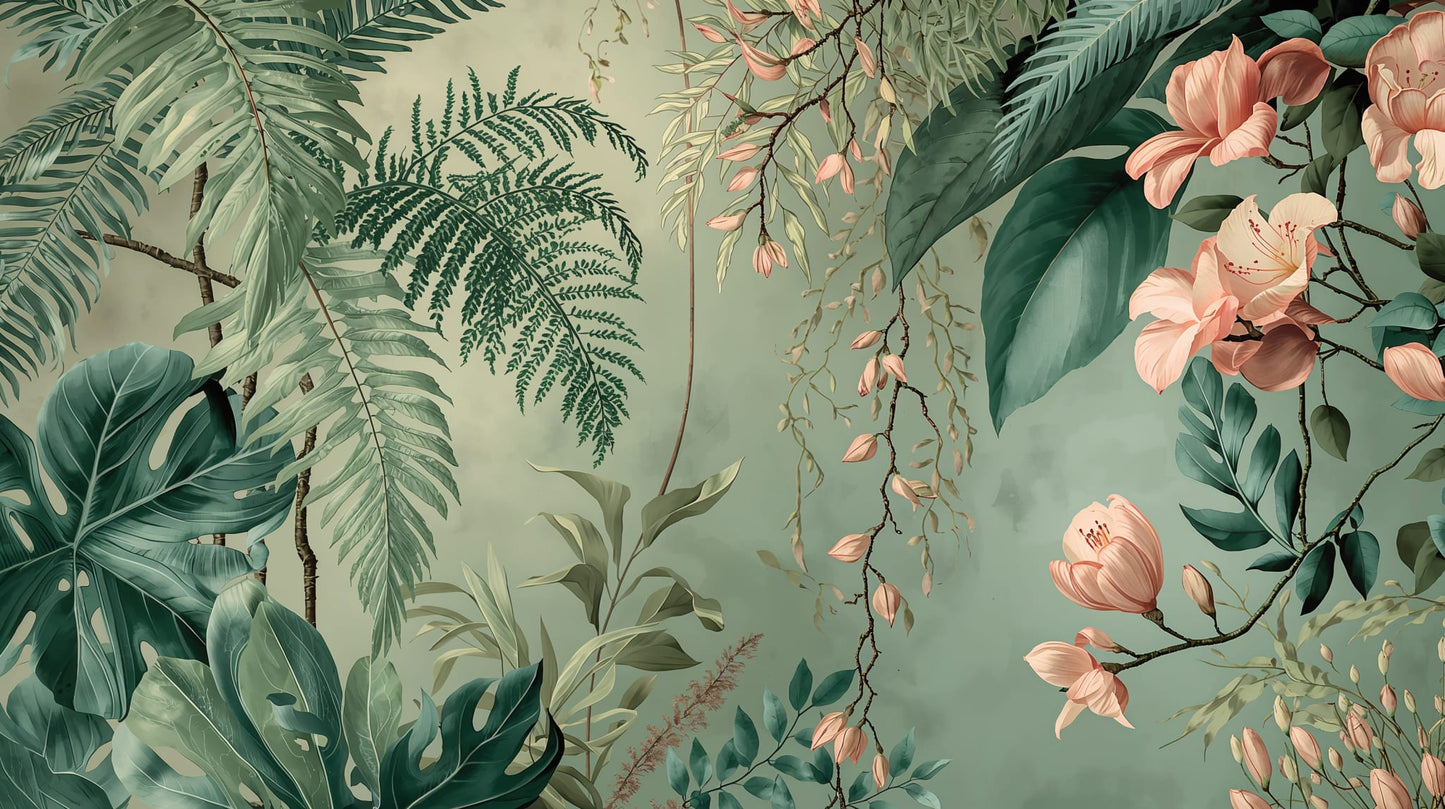 Serene painterly Sage Green tropical botanicals featuring floral blossoms and hanging vines - Wall Mural & Peel and Stick Wallpaper for Painterly Interiors and Premium Home Styling