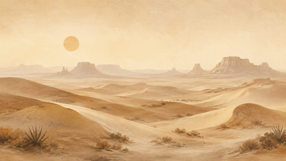 Sun-washed serene Sand desert landscape featuring mesas and sun - Wall Mural & Peel and Stick Wallpaper for Painterly Interiors and Premium Home Styling.