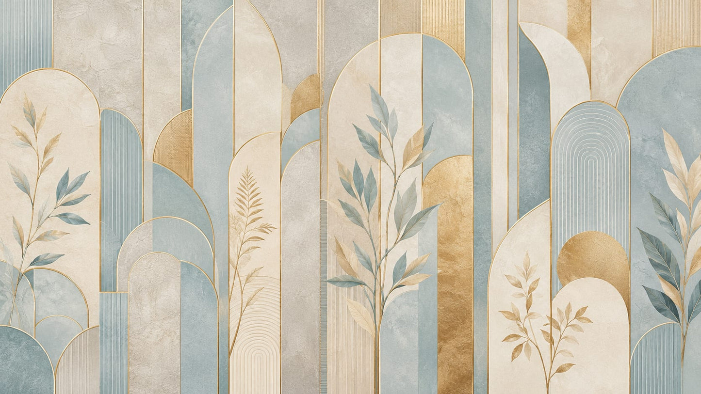 Elegant architectural Cream geometric arches featuring botanical branches and vertical panels - Wall Mural & Peel and Stick Wallpaper for Art Deco Interiors and Premium Home Styling