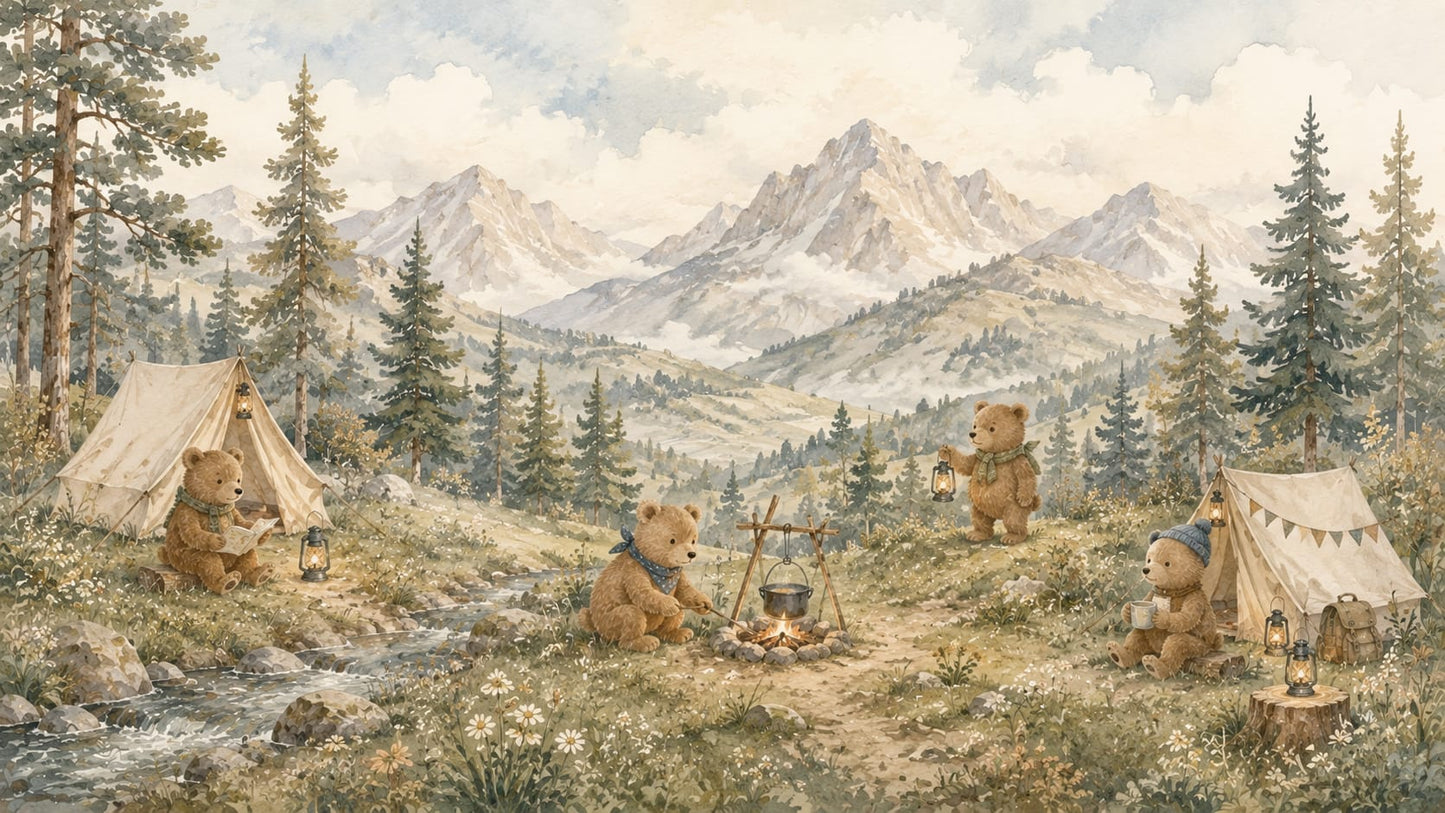 Whimsical cozy Sage Green teddy bears featuring camping tents and forest stream - Wall Mural & Peel and Stick Wallpaper for Watercolor Nursery or Kids Room