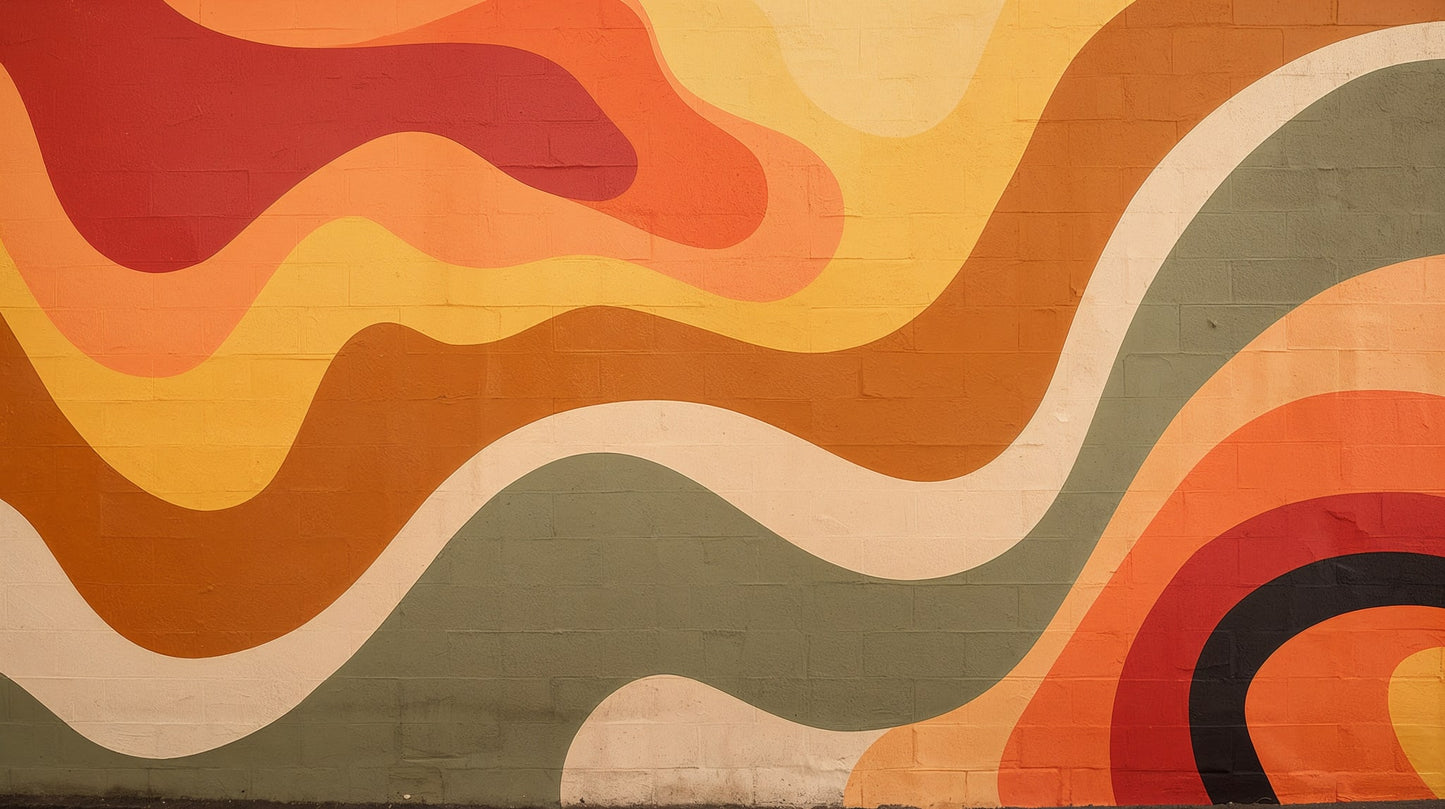 Retro modern Burnt Orange retro wavy shapes featuring earth tone bands and concentric arcs - Wall Mural & Peel and Stick Wallpaper for Abstract Interiors and Premium Home Styling.