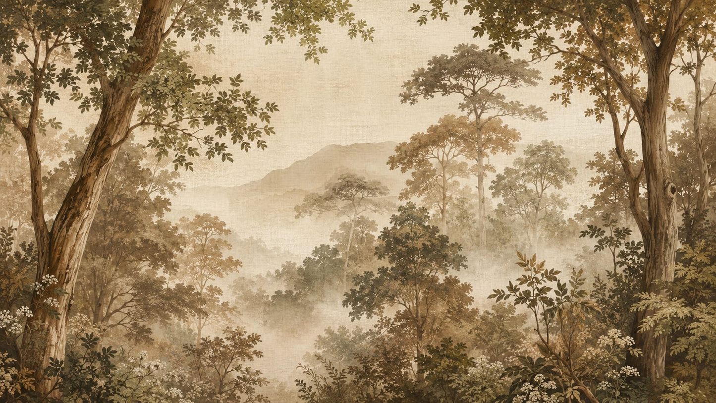 Atmospheric painterly Sepia Brown forest landscape featuring distant mountains - Wall Mural & Peel and Stick Wallpaper for Painterly Interiors and Premium Home Styling