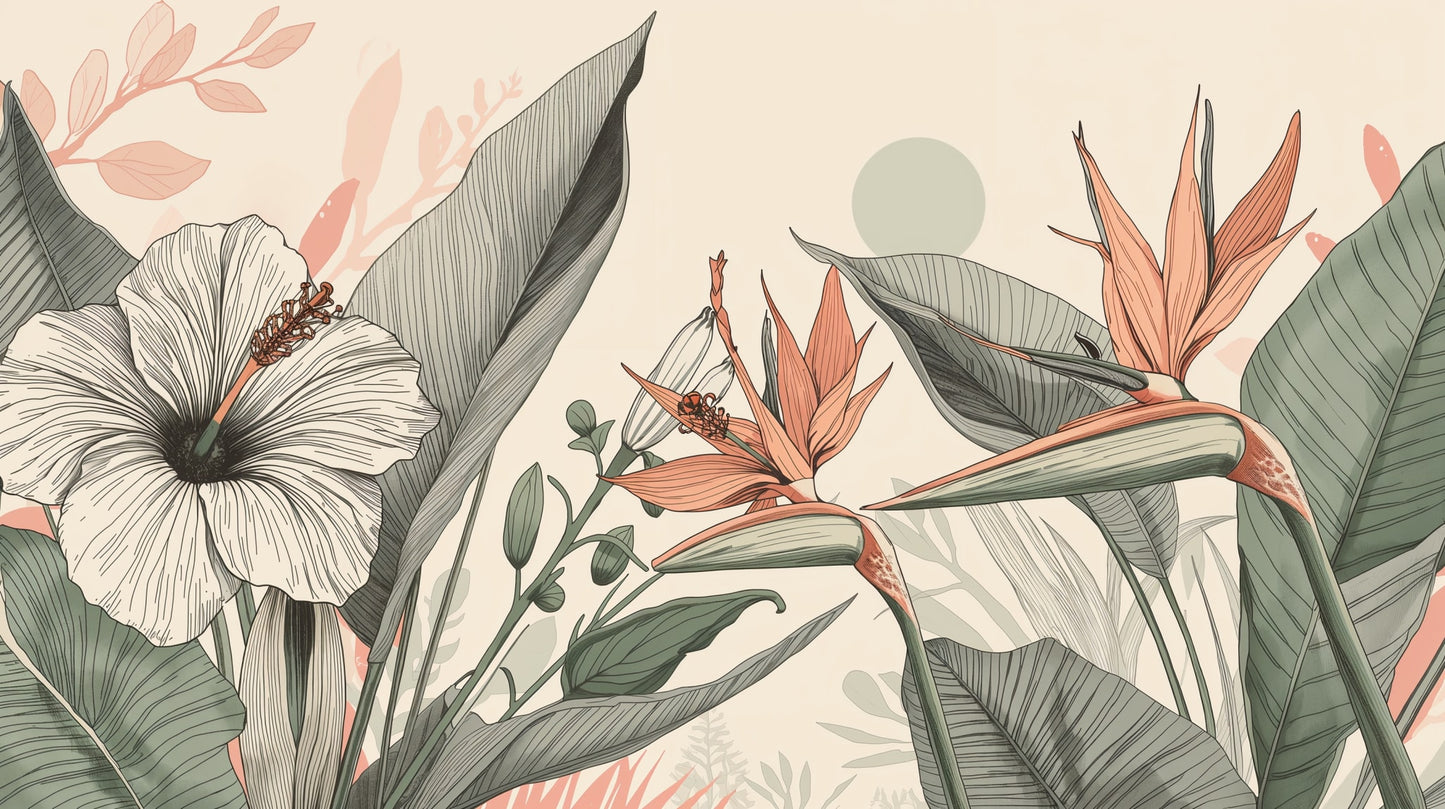 Refined Illustrated Sage Green tropical botanicals featuring large leaves and sun disc - Wall Mural & Peel and Stick Wallpaper for Modern Interiors and Premium Home Styling