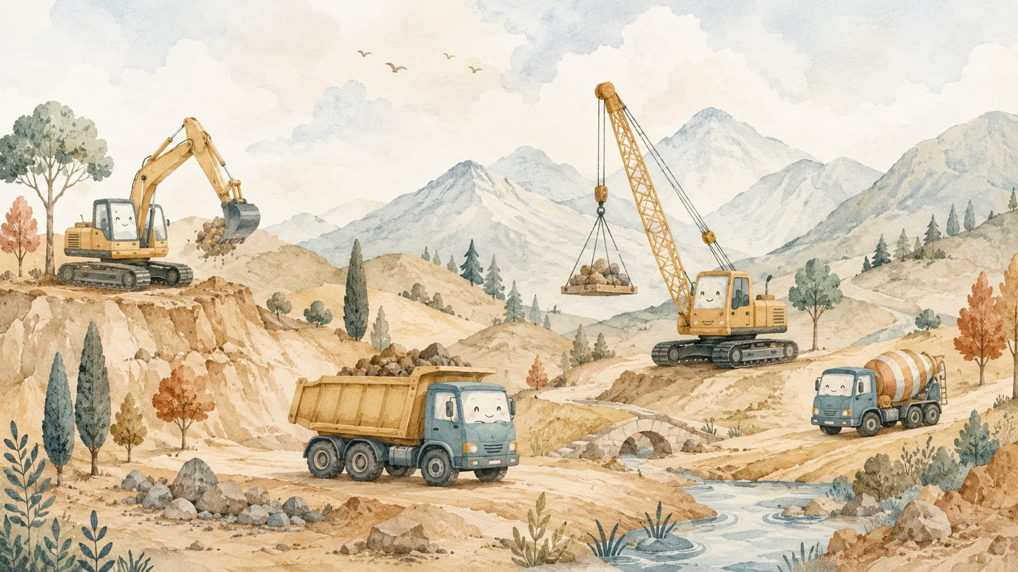 Whimsical Watercolor Beige Construction Vehicles featuring mountain landscape and river landscape - Wall Mural & Peel and Stick Wallpaper for Watercolor Nursery or Kids Room