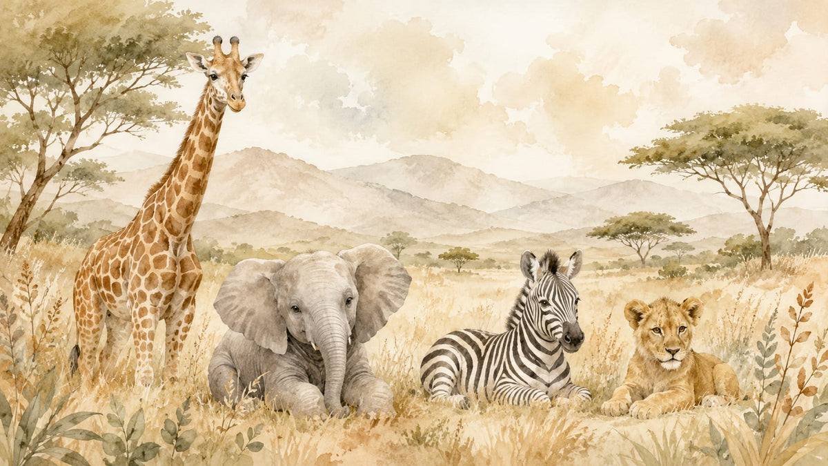 Gentle Watercolor Beige Safari Animals featuring Savanna Landscape and Acacia Trees - Wall Mural & Peel and Stick Wallpaper for Watercolor Nursery or Kids Room