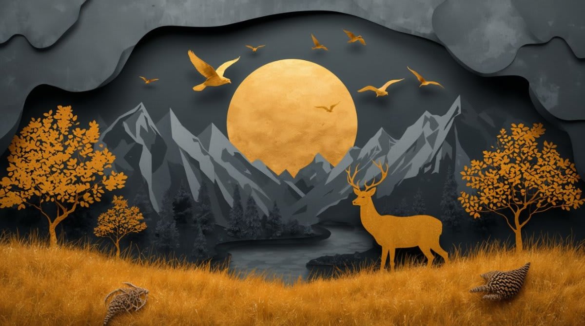 Moody layered Charcoal moonlit mountain landscape featuring deer and flying birds - Wall Mural & Peel and Stick Wallpaper for Papercraft Interiors and Premium Home Styling.
