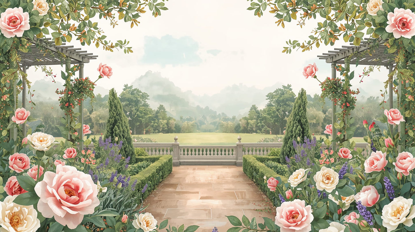Romantic painterly Sage Green roses featuring pergola and formal garden - Wall Mural & Peel and Stick Wallpaper for Painterly Interiors and Premium Home Styling