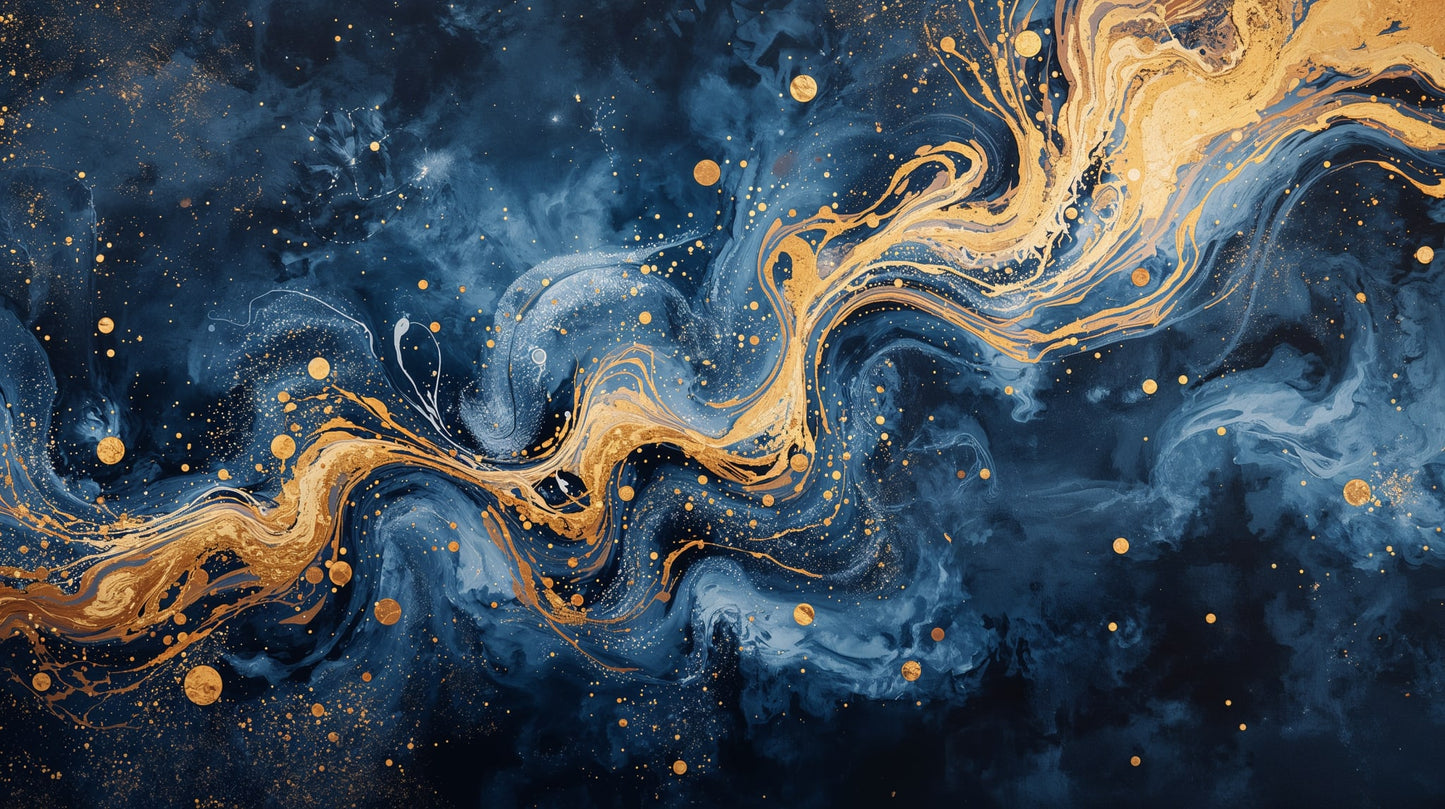 Luxurious fluid Navy abstract ink flow featuring gold splatter and navy smoke - Wall Mural & Peel and Stick Wallpaper for Abstract Interiors and Premium Home Styling.