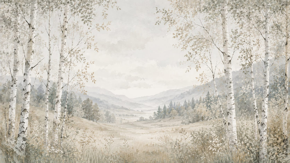 Airy Painterly Cream Birch Forest featuring Mountain Landscape - Wall Mural & Peel and Stick Wallpaper for Watercolor Interiors and Premium Home Styling