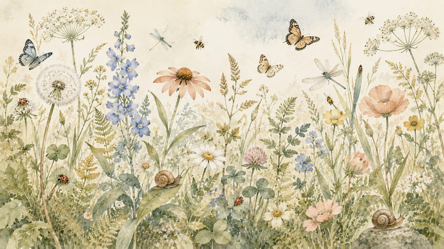 Whimsical Watercolor Sage Green Garden Florals featuring butterflies and snails - Wall Mural & Peel and Stick Wallpaper for Nursery or Kids Room