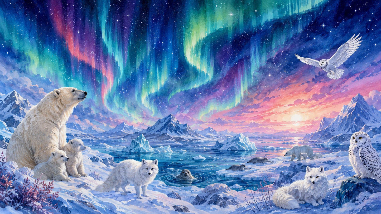 Enchanting Painterly Blue Polar Bear featuring Arctic Fox, Snowy Owl and Aurora - Wall Mural & Peel and Stick Wallpaper for Painterly Nursery or Kids Room
