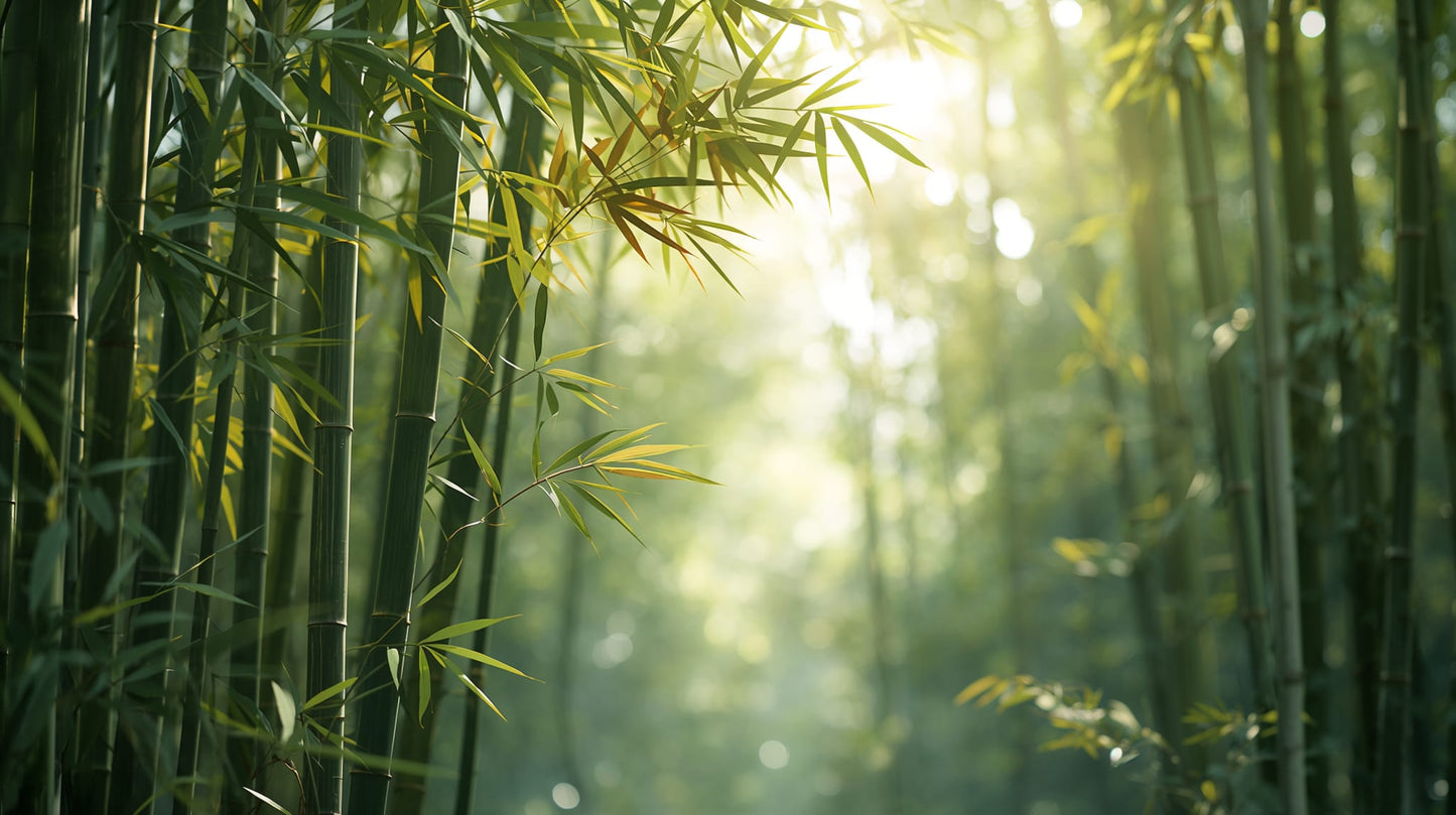 Serene airy Green bamboo forest featuring sunbeams and bamboo leaves - Wall Mural & Peel and Stick Wallpaper for Zen Interiors and Premium Home Styling.