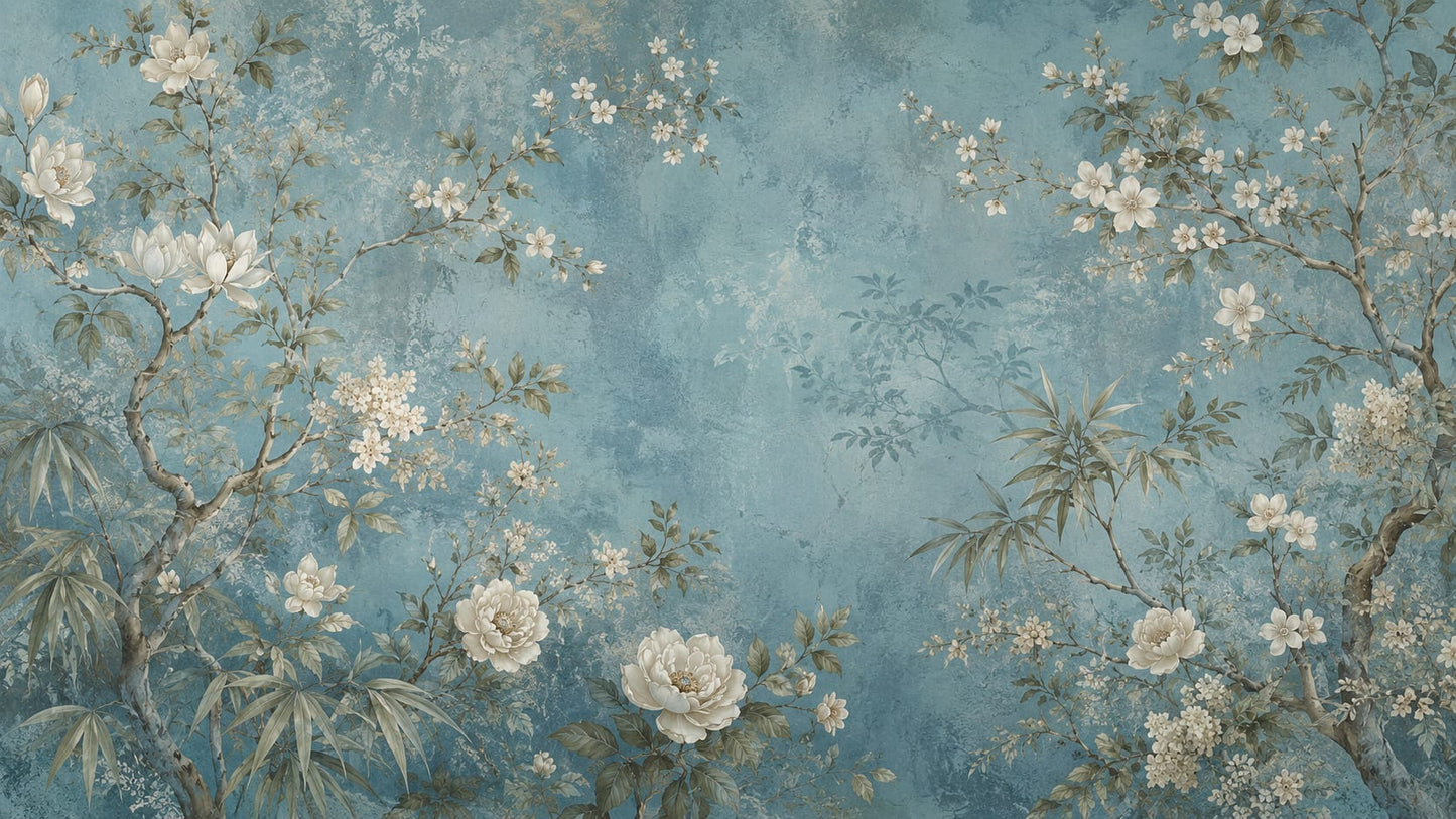 Elegant painterly Powder Blue floral blossoms featuring flowering branches and bamboo foliage - Wall Mural & Peel and Stick Wallpaper for Painterly Interiors and Premium Home Styling