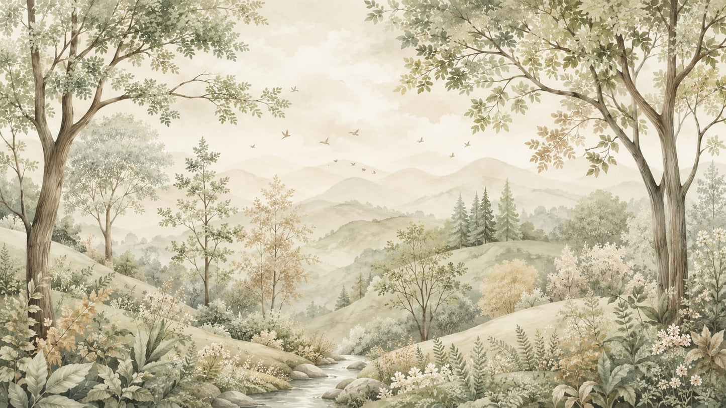 Airy painterly Sage Green woodland landscape featuring stream and wildflowers - Wall Mural & Peel and Stick Wallpaper for Watercolor Interiors and Premium Home Styling