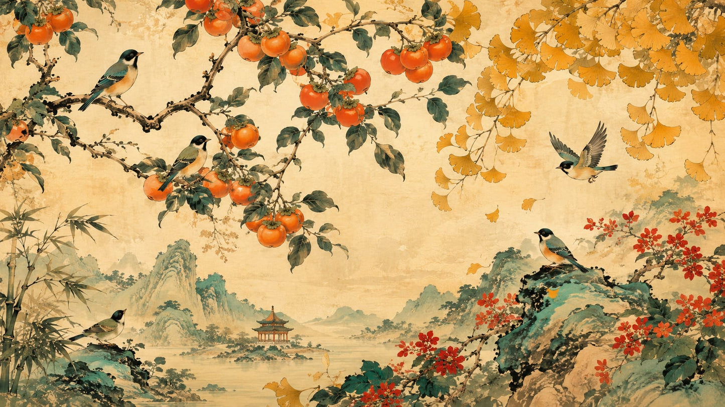 Refined Painterly Golden Songbirds featuring persimmon branches and ginkgo leaves - Wall Mural & Peel and Stick Wallpaper for Painterly Interiors and Premium Home Styling