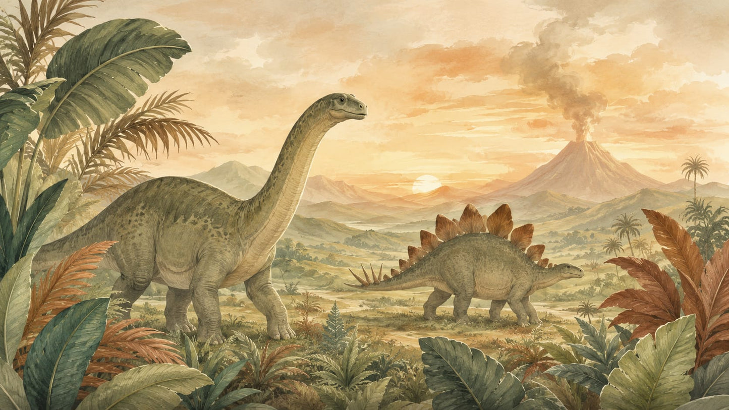 Painterly Whimsical Beige dinosaurs featuring volcano and tropical foliage - Wall Mural & Peel and Stick Wallpaper for Playful Nursery or Kids Room