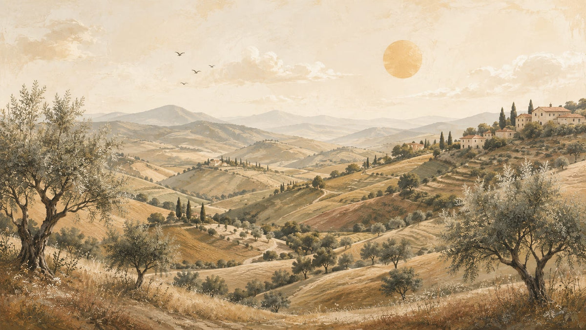 Painterly Serene Cream Tuscan landscape featuring olive trees and hilltop village - Wall Mural & Peel and Stick Wallpaper for Painterly Interiors and Premium Home Styling