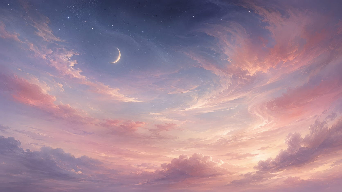 Dreamy Painterly Lavender Celestial Sky featuring crescent moon and stars - Wall Mural & Peel and Stick Wallpaper for Interiors and Premium Home Styling