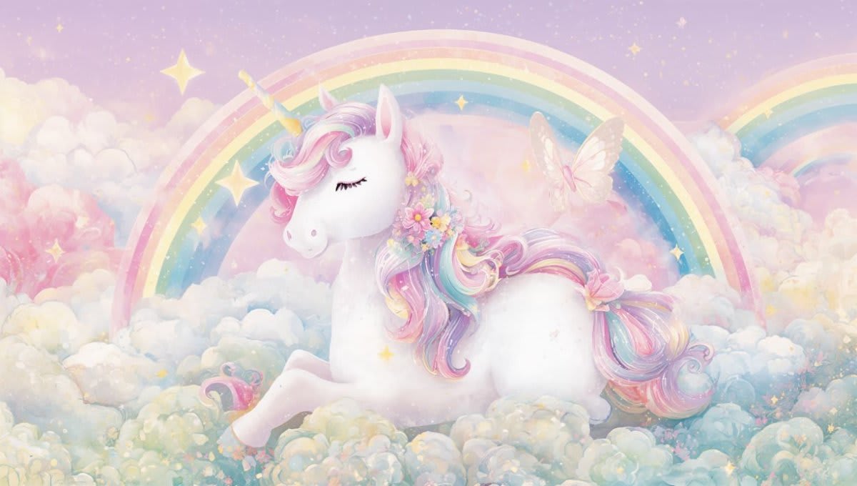 Whimsical dreamy Pastel Pink unicorn featuring rainbow and clouds - Wall Mural & Peel and Stick Wallpaper for Whimsical Nursery or Kids Room.