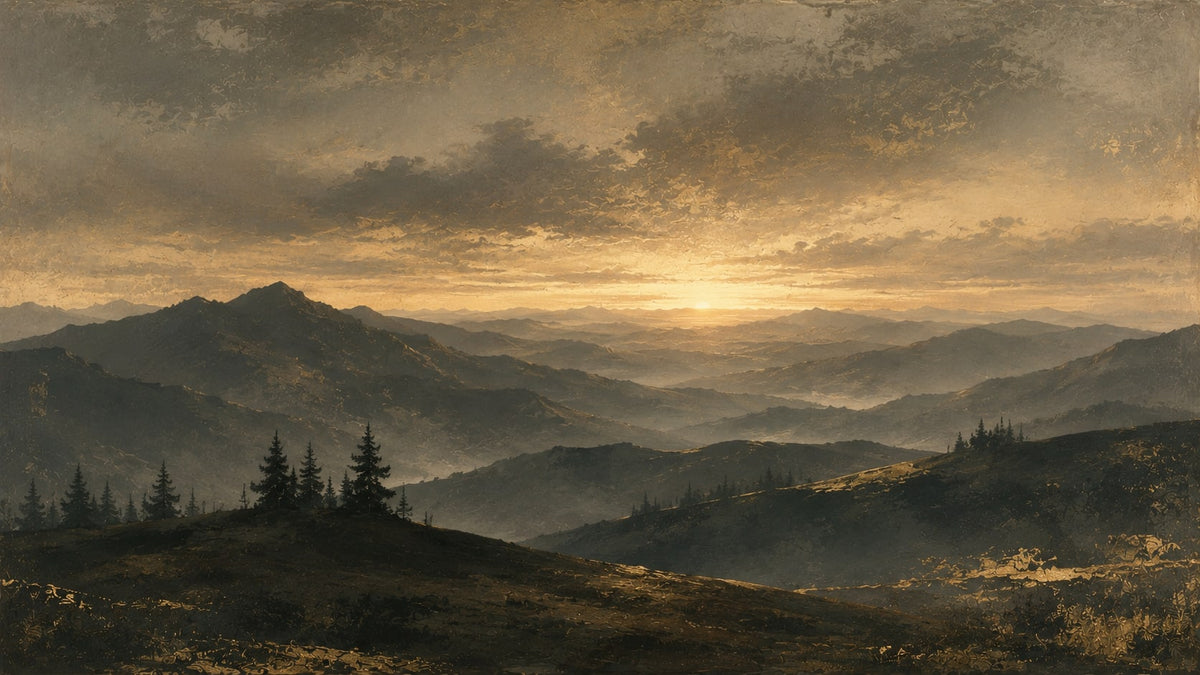 Atmospheric painterly Charcoal mountain landscape featuring pine trees and sunset - Wall Mural & Peel and Stick Wallpaper for Painterly Interiors and Premium Home Styling