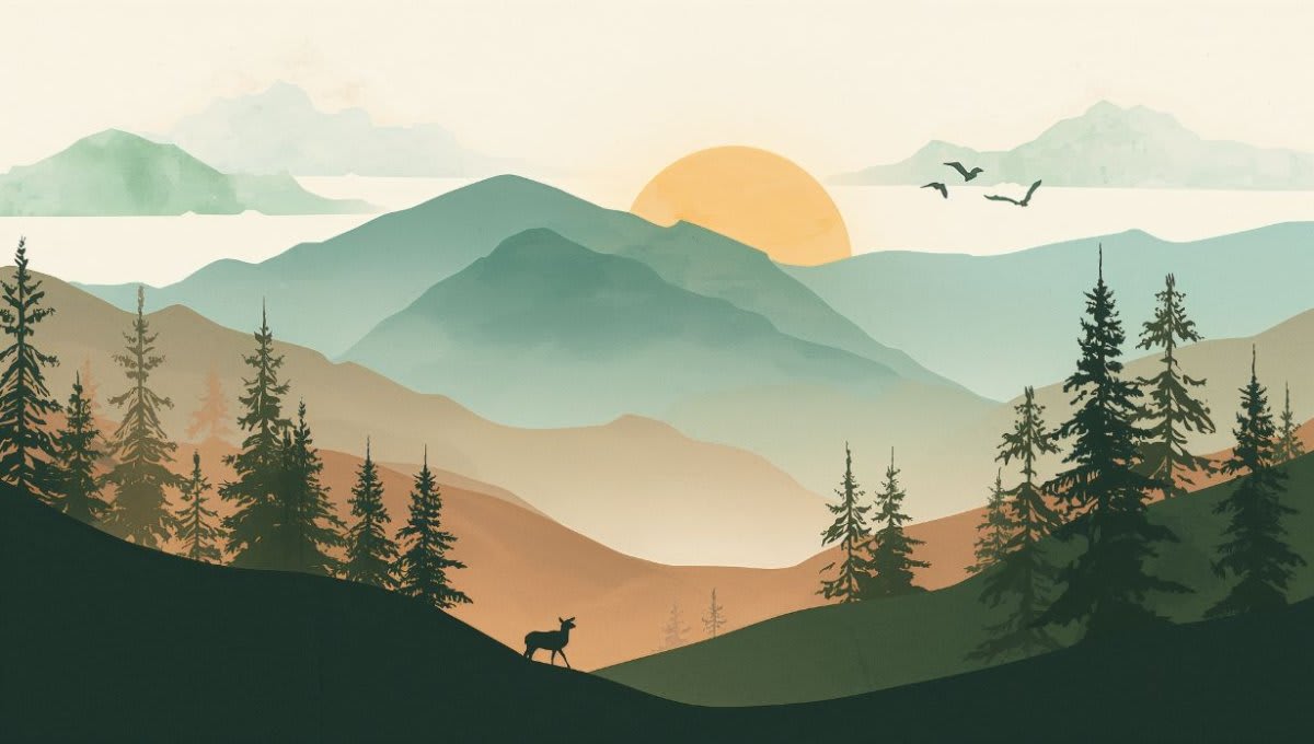 Serene minimalist Sage Green misty mountain landscape featuring pine forest and deer - Wall Mural & Peel and Stick Wallpaper for Minimal Interiors and Premium Home Styling.