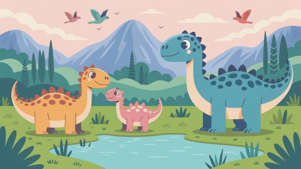 Playful whimsical Soft Blue dinosaurs featuring mountains, birds, and a pond - Wall Mural & Peel and Stick Wallpaper for Whimsical Nursery or Kids Room.