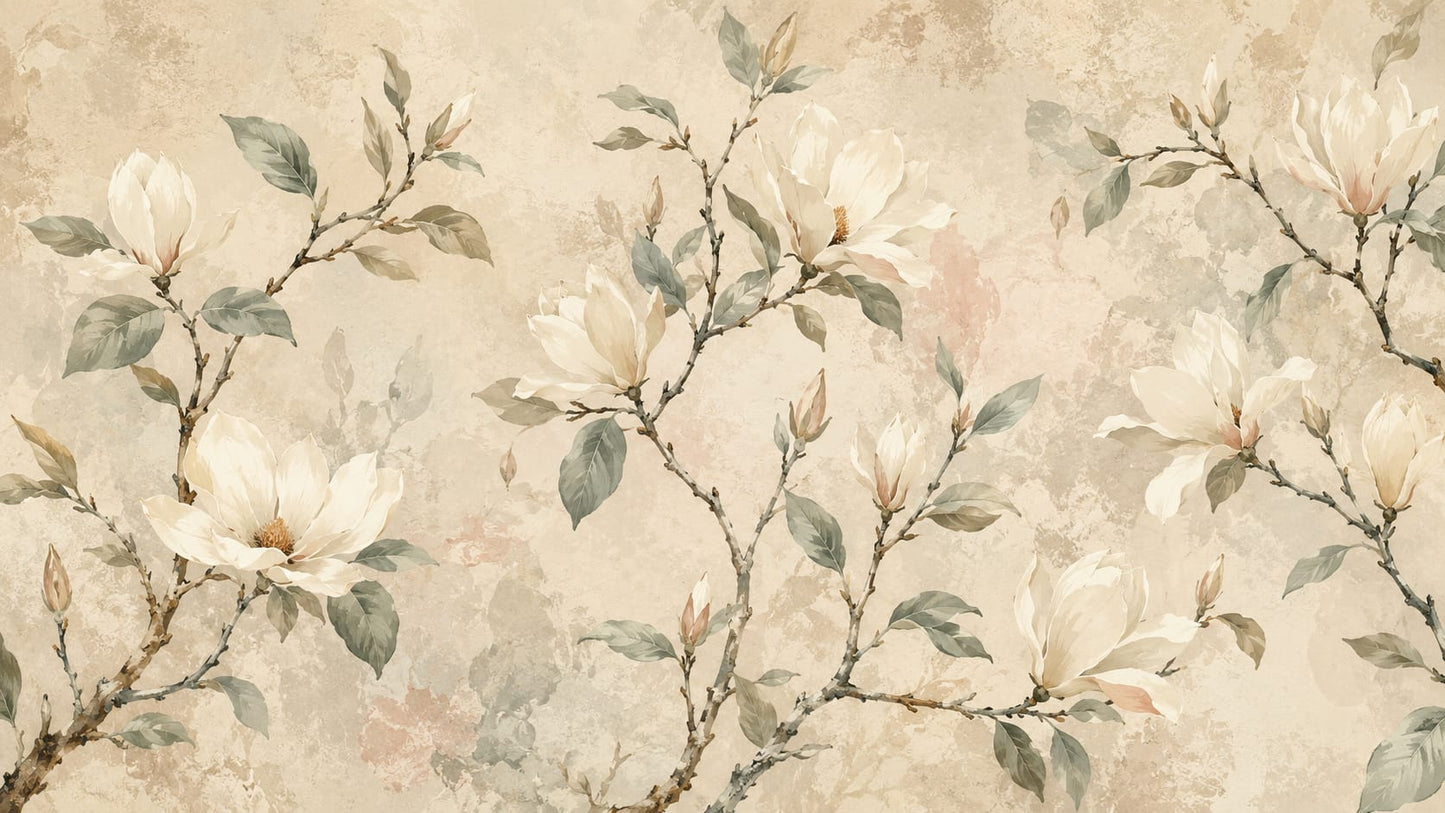 Painterly serene Cream magnolia featuring magnolia blooms - Wall Mural & Peel and Stick Wallpaper for Watercolor Interiors and Premium Home Styling