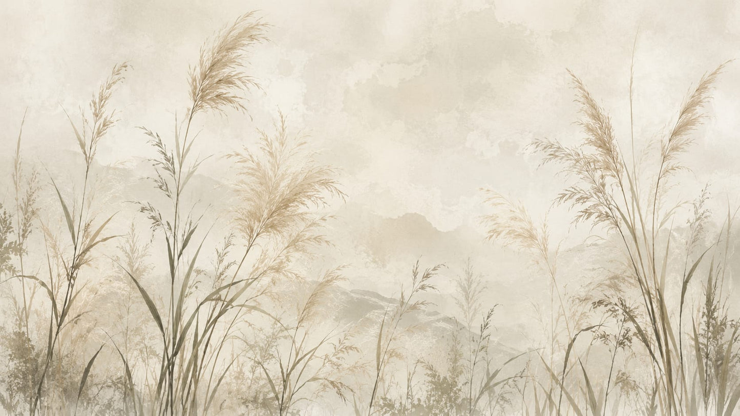 Airy painterly Beige wild grasses featuring misty mountains - Wall Mural & Peel and Stick Wallpaper for Watercolor Interiors and Premium Home Styling