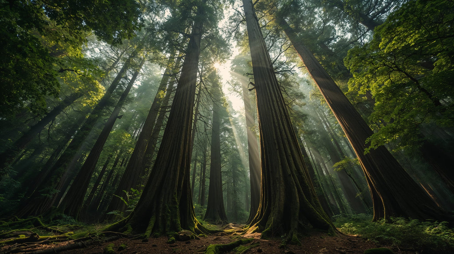 Majestic serene Forest Green redwood forest featuring sunbeams and a forest path - Wall Mural & Peel and Stick Wallpaper for Photographic Interiors and Premium Home Styling.