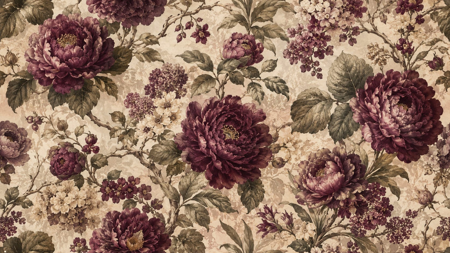 Heirloom painterly Beige floral blossoms featuring leafy branches - Wall Mural & Peel and Stick Wallpaper for Vintage Interiors and Premium Home Styling