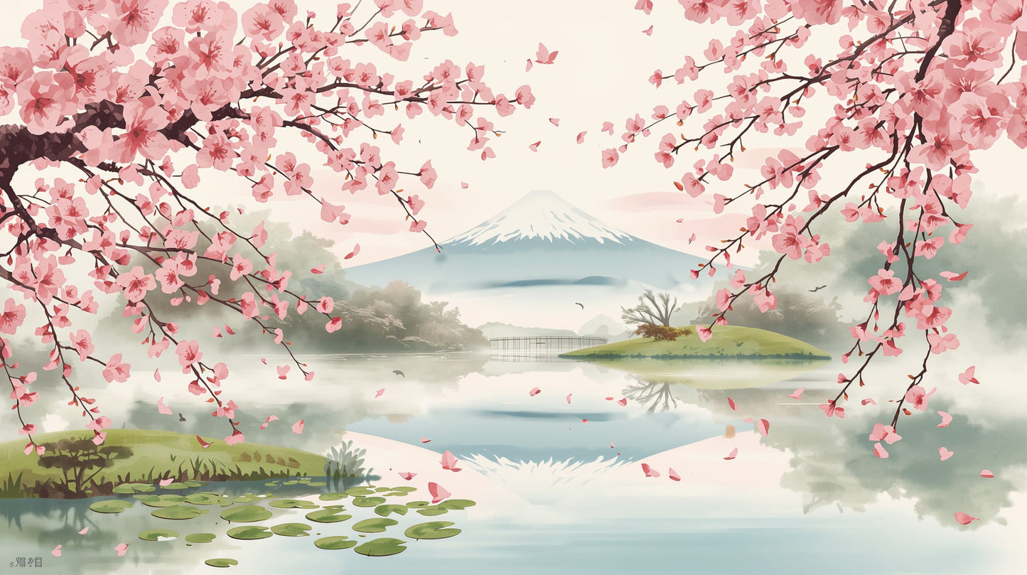 Serene Painterly Blush Pink Cherry Blossoms featuring mountain landscape, lake reflection, and lily pads - Wall Mural & Peel and Stick Wallpaper for Painterly Interiors and Premium Home Styling
