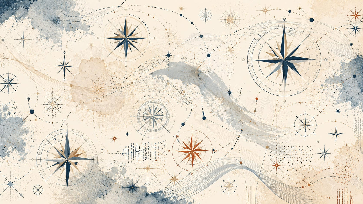 Nautical Watercolor Cream Compass roses featuring celestial symbols and navigation routes - Wall Mural & Peel and Stick Wallpaper for Interiors and Premium Home Styling