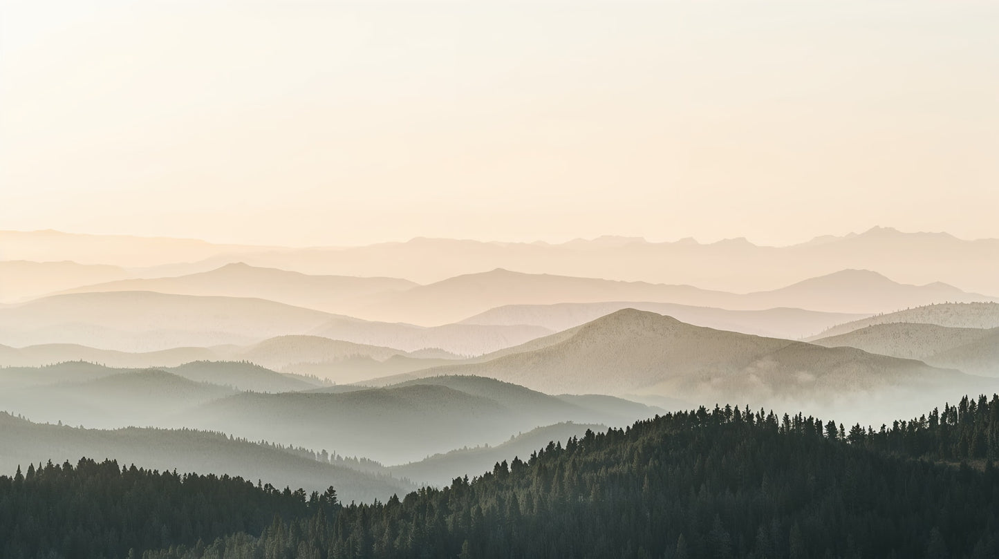 Atmospheric layered Cream mountain landscape featuring pine forest and morning mist - Wall Mural & Peel and Stick Wallpaper for Painterly Interiors and Premium Home Styling