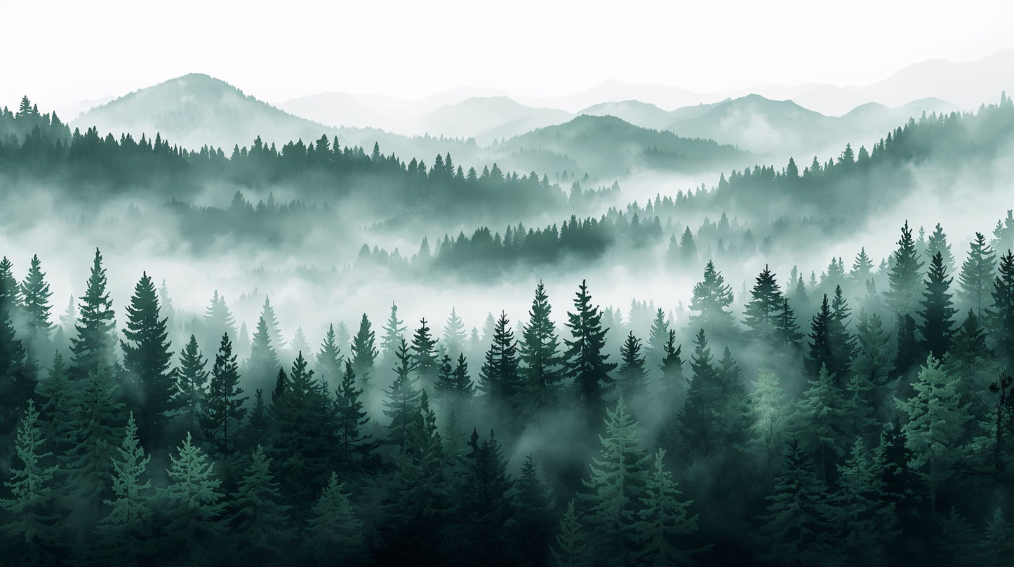Atmospheric painterly Deep Green evergreen trees featuring mist and mountain landscape - Wall Mural & Peel and Stick Wallpaper for Painterly Interiors and Premium Home Styling