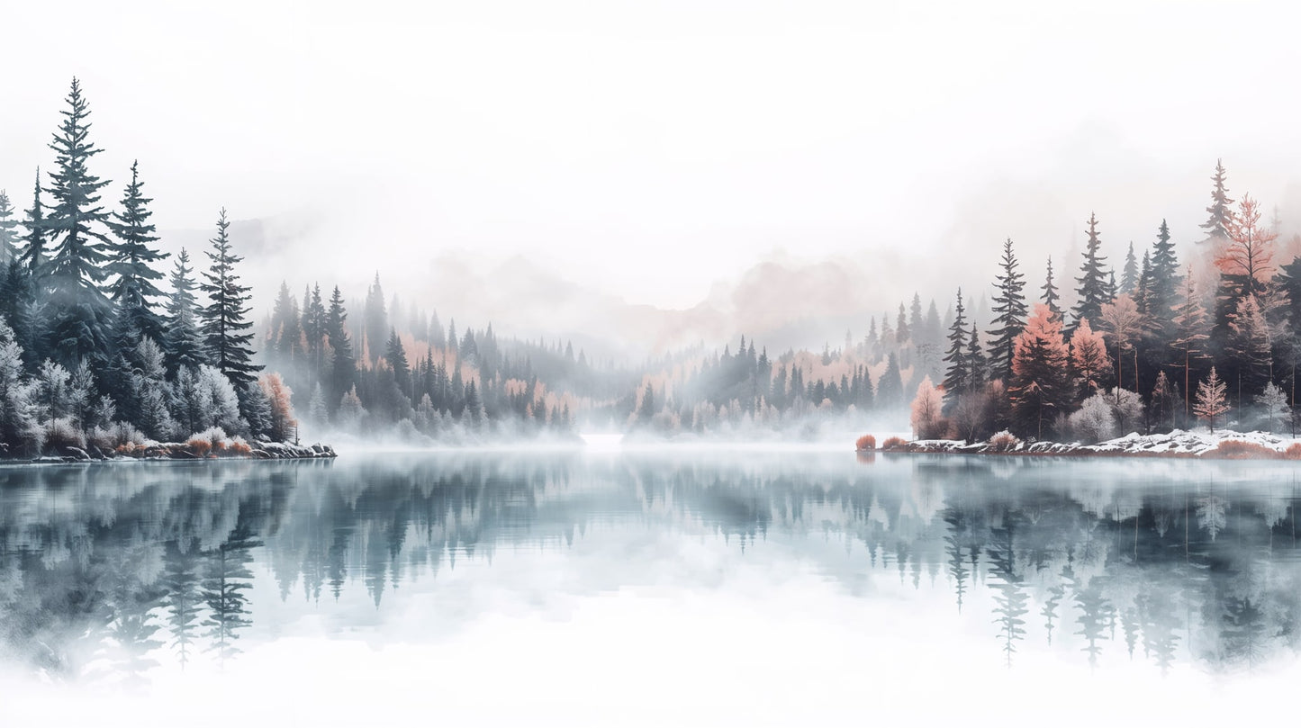 Atmospheric serene Misty Blue forest lake featuring lake reflection and mountain silhouette - Wall Mural & Peel and Stick Wallpaper for Painterly Interiors and Premium Home Styling