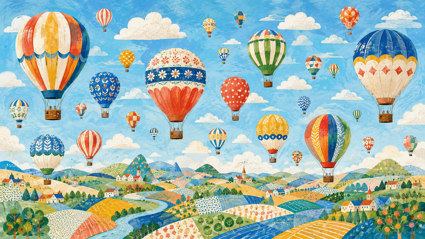 Whimsical illustrated Sky Blue hot air balloons featuring countryside landscape - Wall Mural & Peel and Stick Wallpaper for Illustrated Nursery or Kids Room
