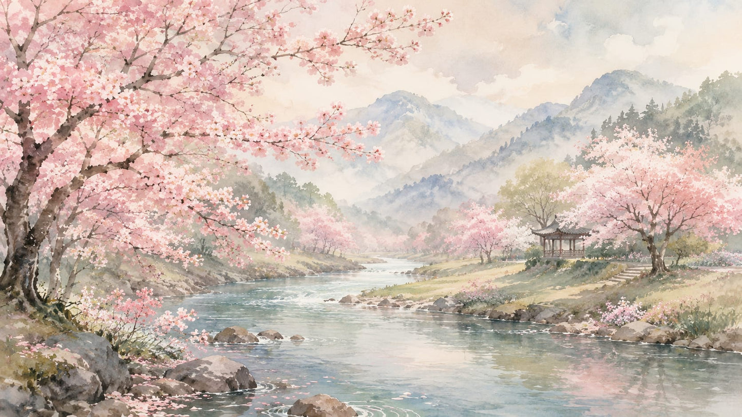 Serene painterly Pink cherry blossom landscape featuring mountain river and garden pavilion - Wall Mural & Peel and Stick Wallpaper for Watercolor Interiors and Premium Home Styling