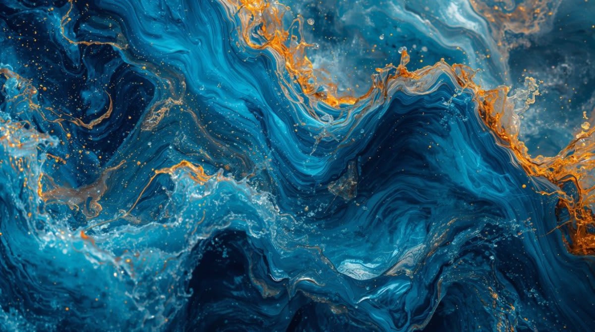 Luxurious fluid teal blue abstract marble flow featuring gold veining and ink swirls - Wall Mural & Peel and Stick Wallpaper for Abstract Interiors and Premium Home Styling.