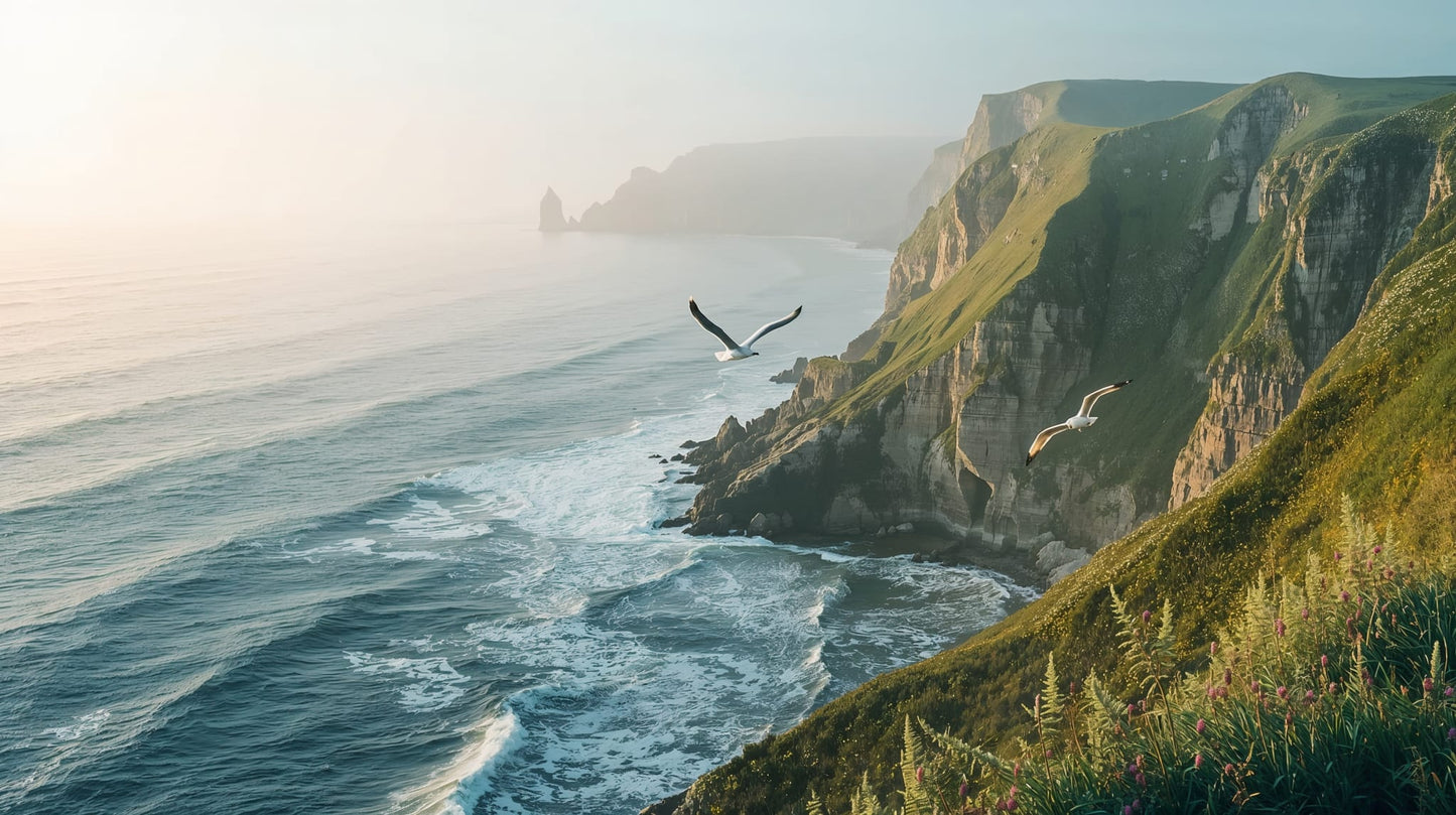 Atmospheric airy Ocean Blue coastal cliffs featuring seagulls and ocean waves - Wall Mural & Peel and Stick Wallpaper for Mural Scene Interiors and Premium Home Styling