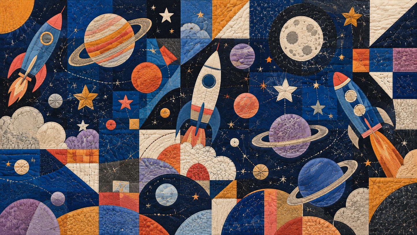 Playful quilted Navy Rocket ships featuring planets, stars and moon - Wall Mural & Peel and Stick Wallpaper for Illustrated Nursery or Kids Room.
