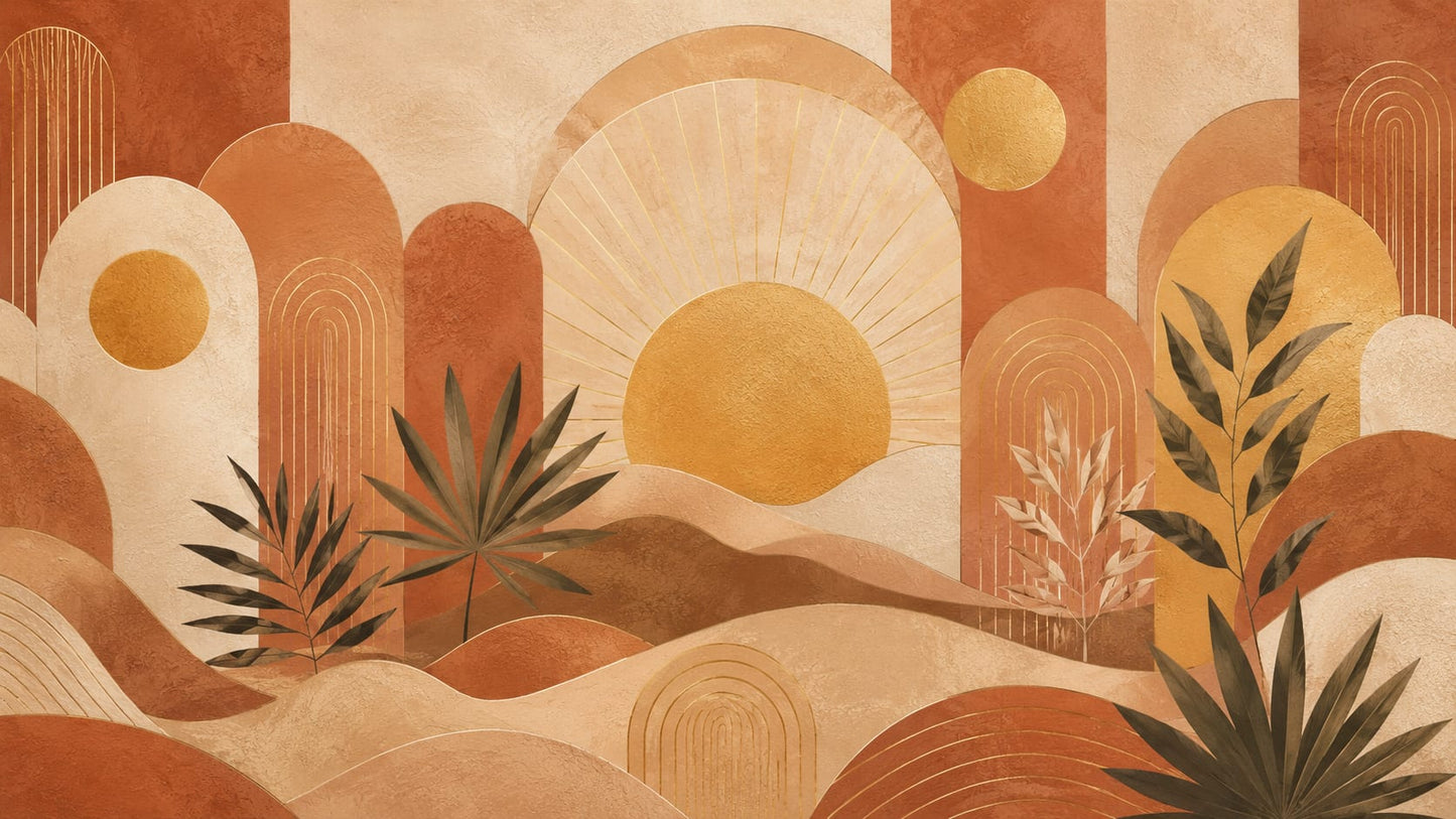 Sun-washed geometric Terracotta desert landscape featuring stylized sun and botanical leaves - Wall Mural & Peel and Stick Wallpaper for Abstract Interiors and Premium Home Styling